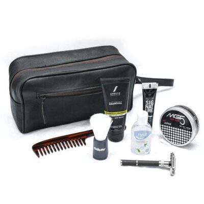 Black Leather Toiletry Bag Single Zipper