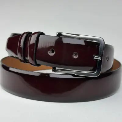 Handmade Glossy Leather Belt Full-Grain Patent Cowhide, Stainless Steel Buckle. Valentines Day Gifts.