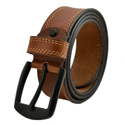 Leather Belt Mens Double Stitched Belts (Enclosed in Gift Box) High Quality Buckle Brown