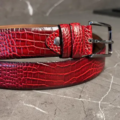 Crocodile Leather Mens Belt Bloody Red Color
